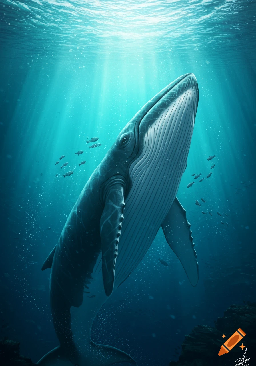 A majestic blue whale swims upwards in sunlit turquoise ocean water, surrounded by small fish.