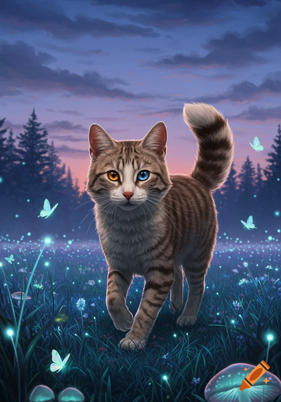 A heterochromatic tabby cat walks through a magical field with glowing plants and butterflies under a twilight sky.
