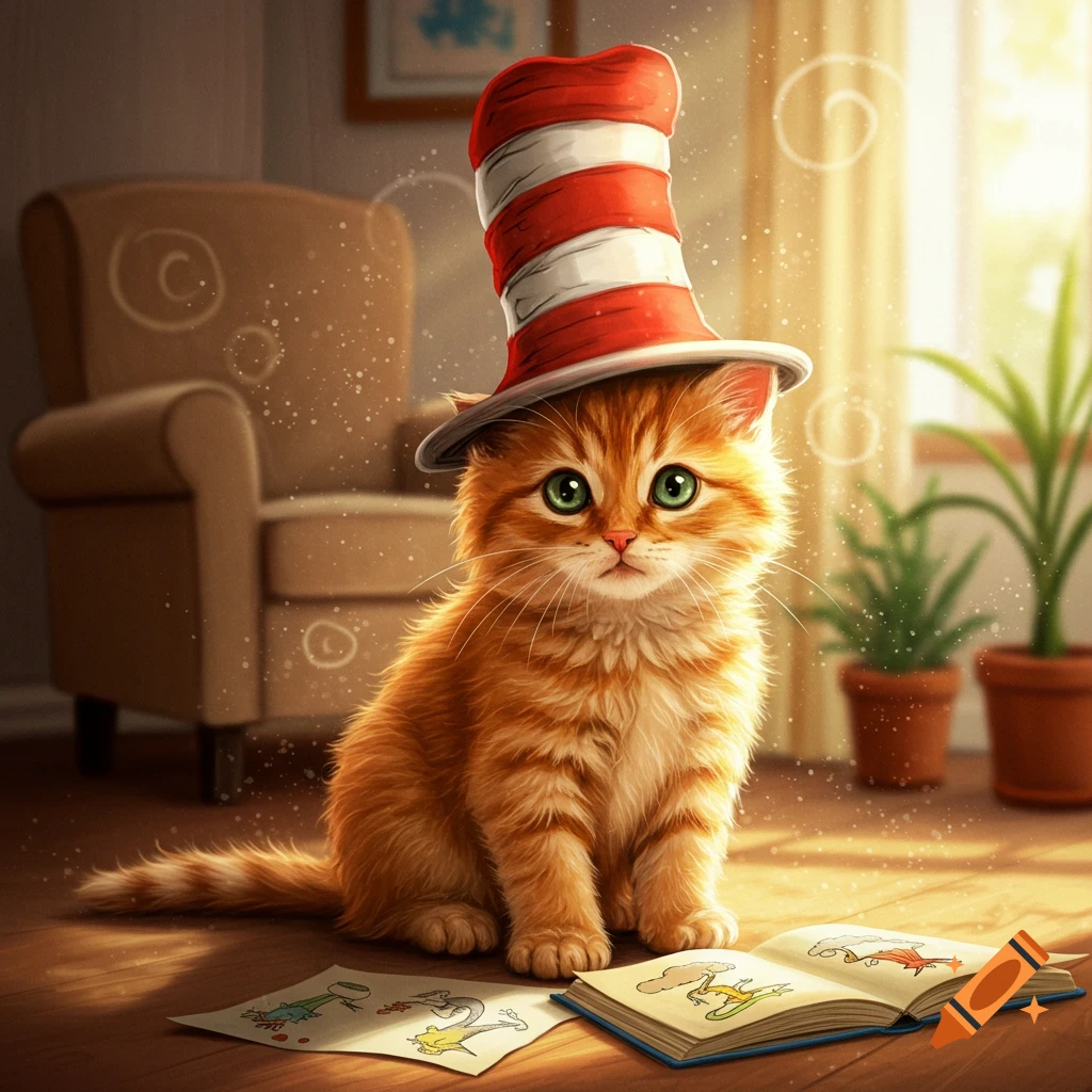 An adorable orange kitten with green eyes wears a tall red and white striped hat, sitting on a sunlit wooden floor beside an open storybook and papers with drawings in a cozy room.