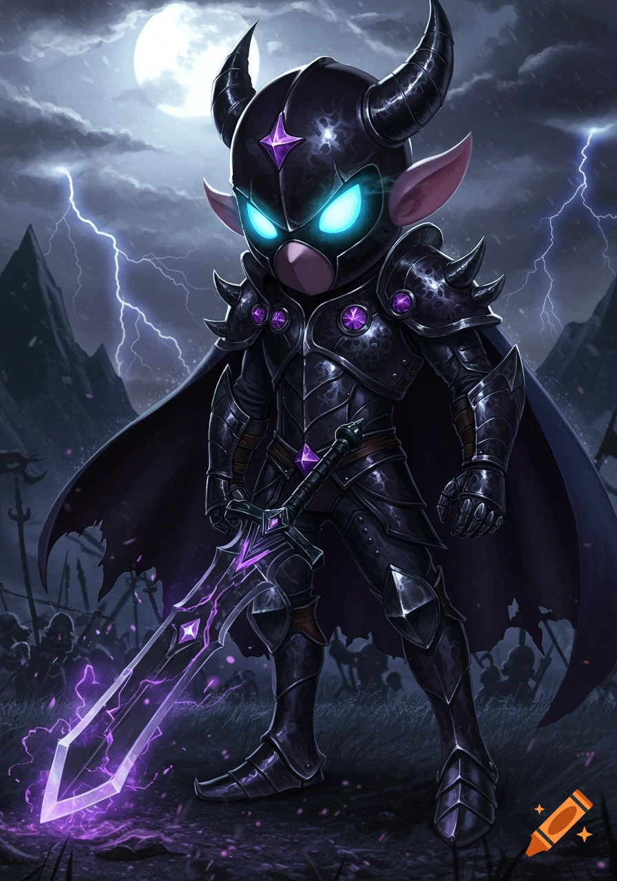 A chibi-style horned warrior in dark armor with glowing blue eyes holds a purple energy sword under a full moon with lightning.