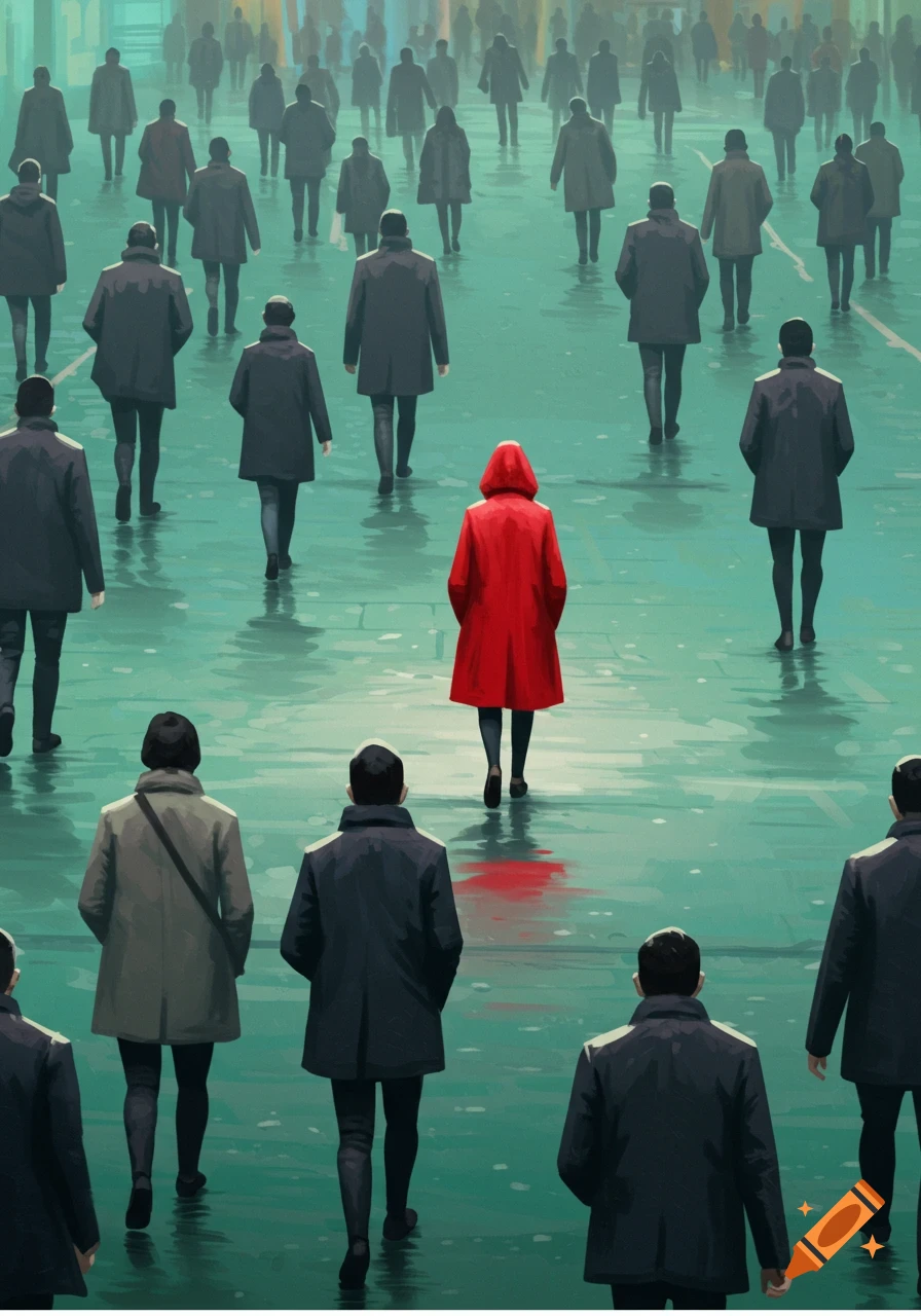 An illustration from behind shows a crowd of people in dark coats on a wet, greenish-blue street, with one person in a bright red hooded coat standing out.