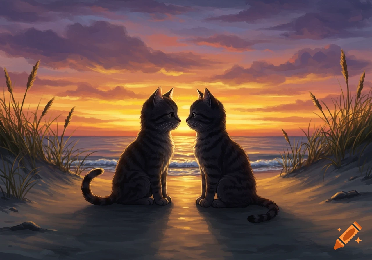 Two cute tabby cats sit on a sandy beach at sunset, gazing at each other with the ocean behind them, in a digital painting style.