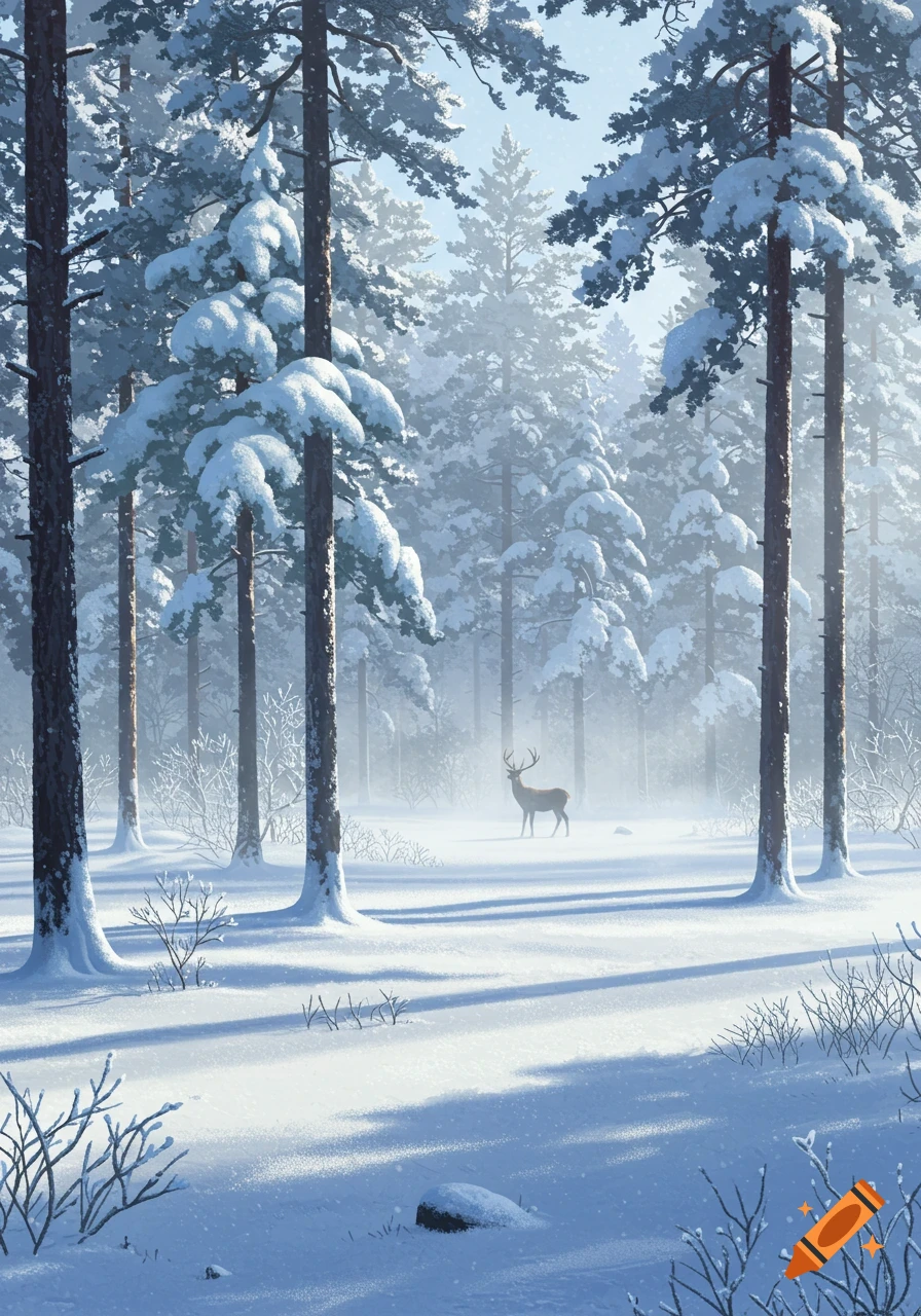 A lone deer stands in a serene, snow-covered winter forest with tall pine trees and misty atmosphere.