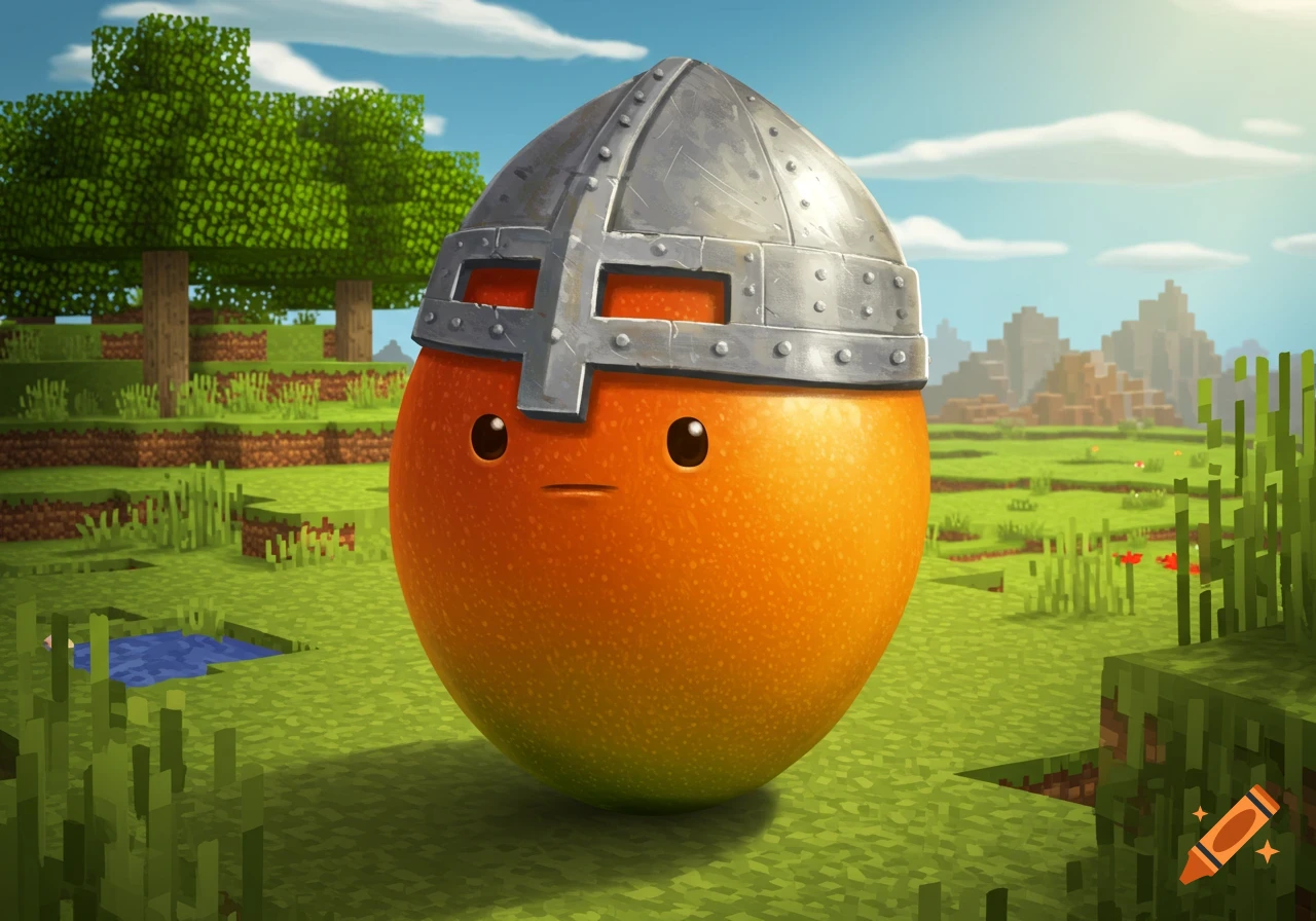 A round, orange fruit with big eyes and a small mouth wears a Minecraft-style chainmail helmet in a pixelated Minecraft landscape.