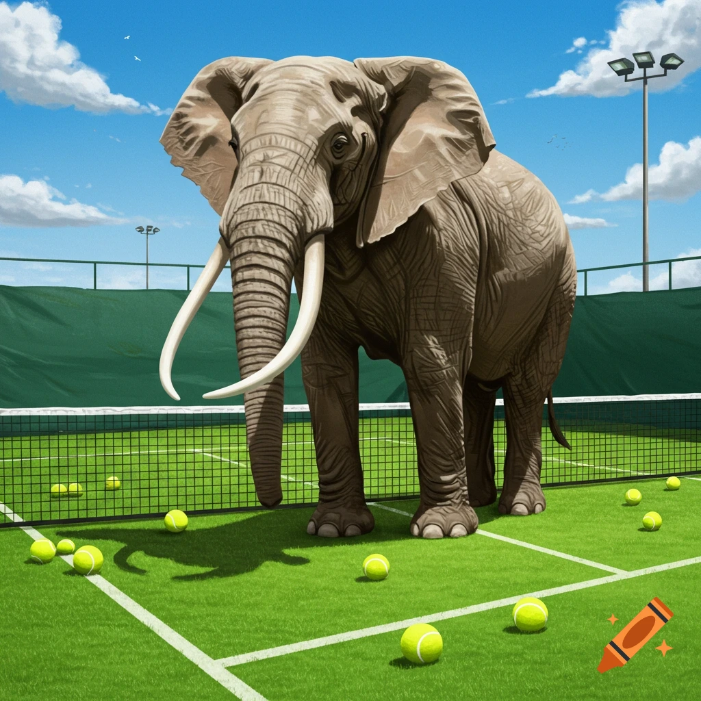 A large elephant stands on a vibrant green tennis court with scattered tennis balls under a blue sky.