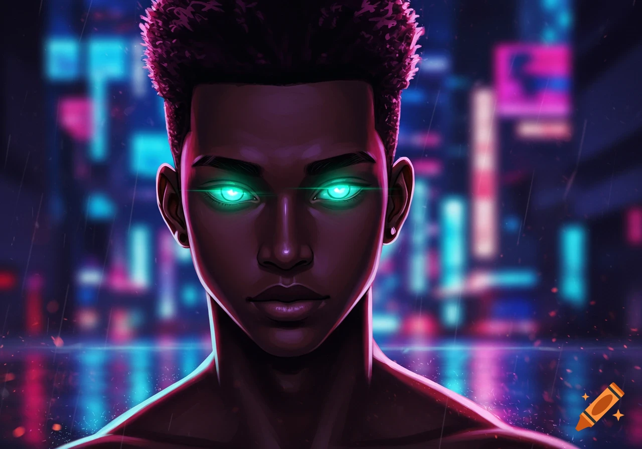 Close-up of a black anime boy with a high top fade and glowing green eyes, against a blurry neon cityscape.