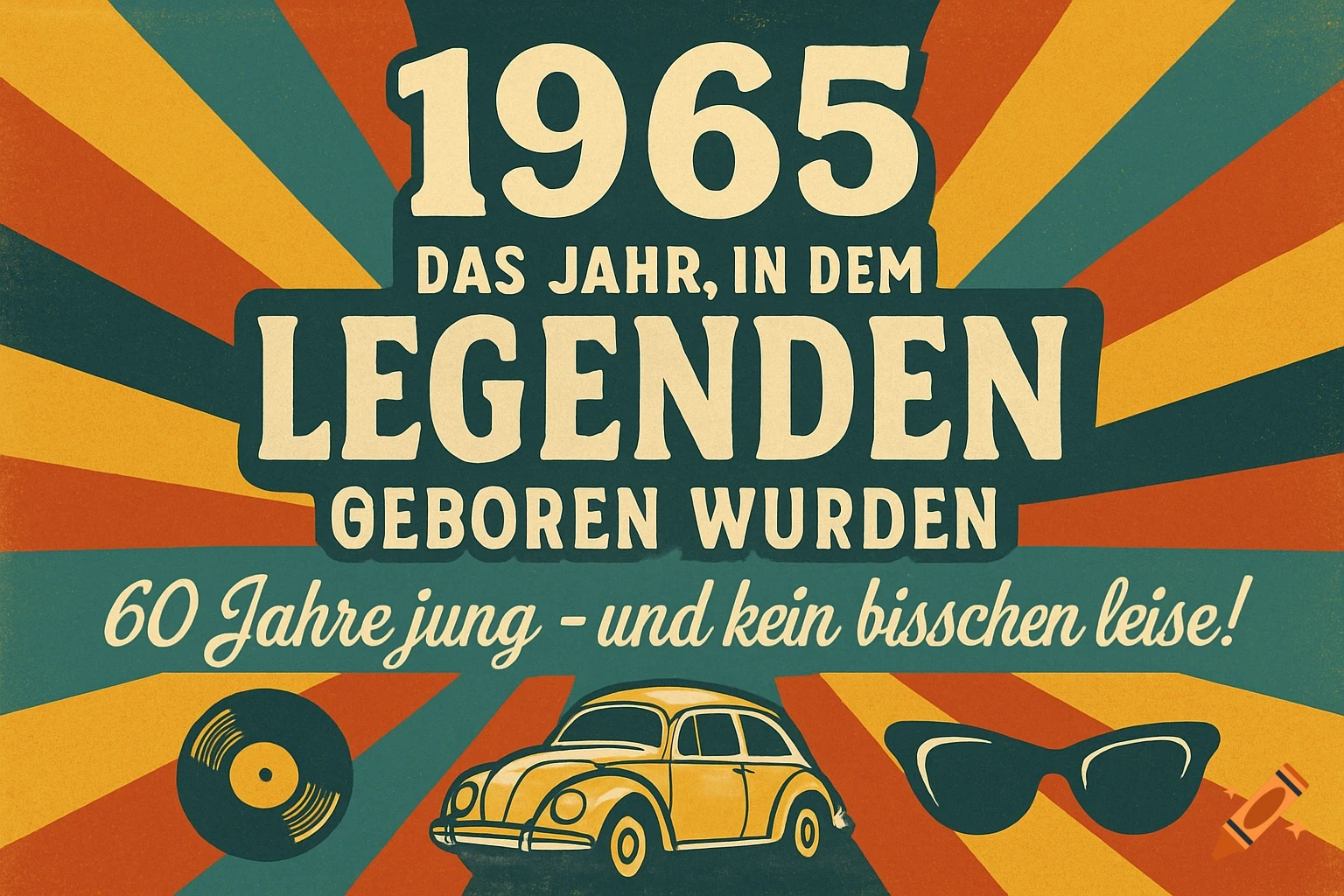 Retro 1965 birthday invitation with sunburst background, German text, a VW Beetle, vinyl record, and sunglasses.