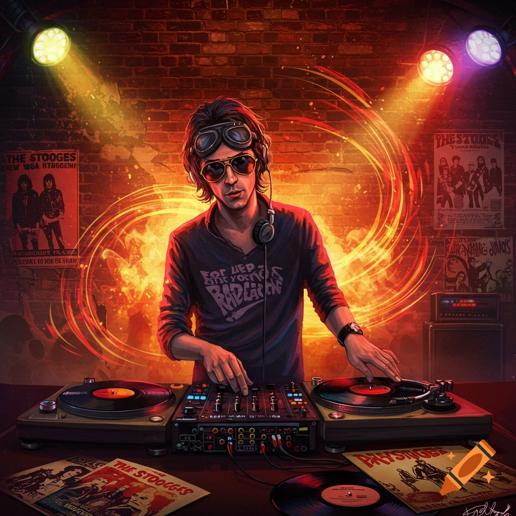 An artistic illustration of a DJ with sunglasses and goggles, mixing music on turntables in front of a brick wall with band posters, under colorful spotlights and swirling lights.