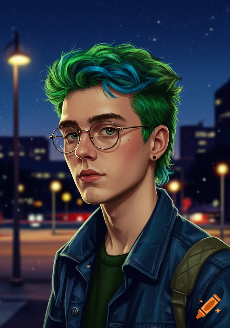 A digital illustration of a young person with green and blue messy hair, round glasses, and a denim jacket, standing on a city street at night.