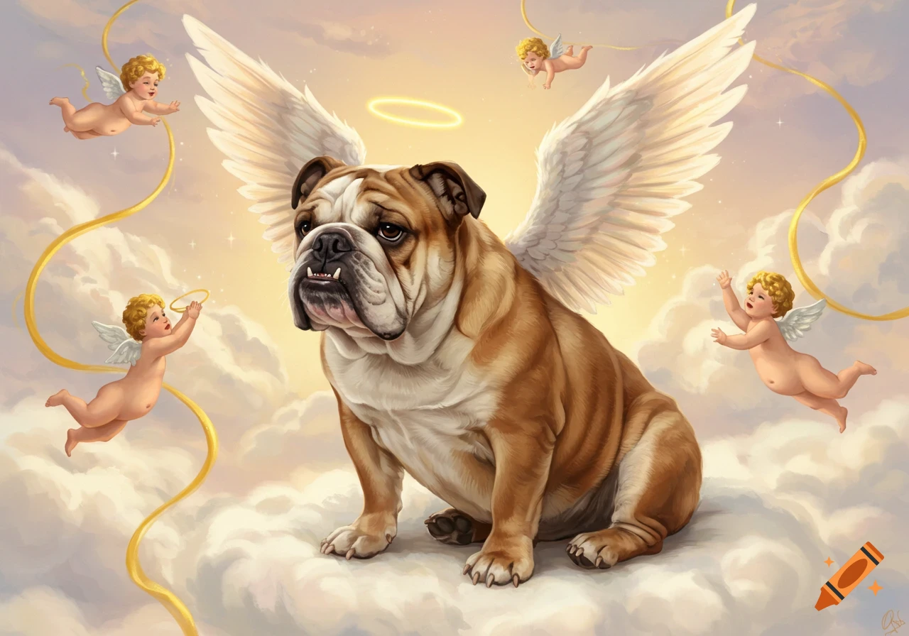 A fluffy brown and white bulldog with large white angel wings and a halo sits on white clouds, surrounded by four small cherubs playing with golden ribbons against a golden sky.