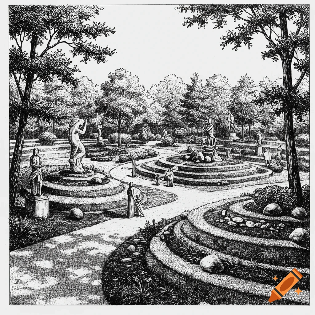 Black and white hand-drawn sketch of a classical garden featuring winding paths, trees, and many human sculptures.