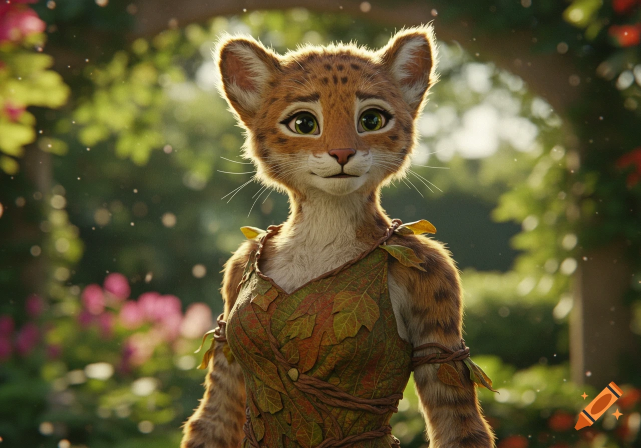 A photorealistic anthropomorphic feline character, with spotted fur and large green eyes, wears a dress of leaves and vines in a sunlit forest.