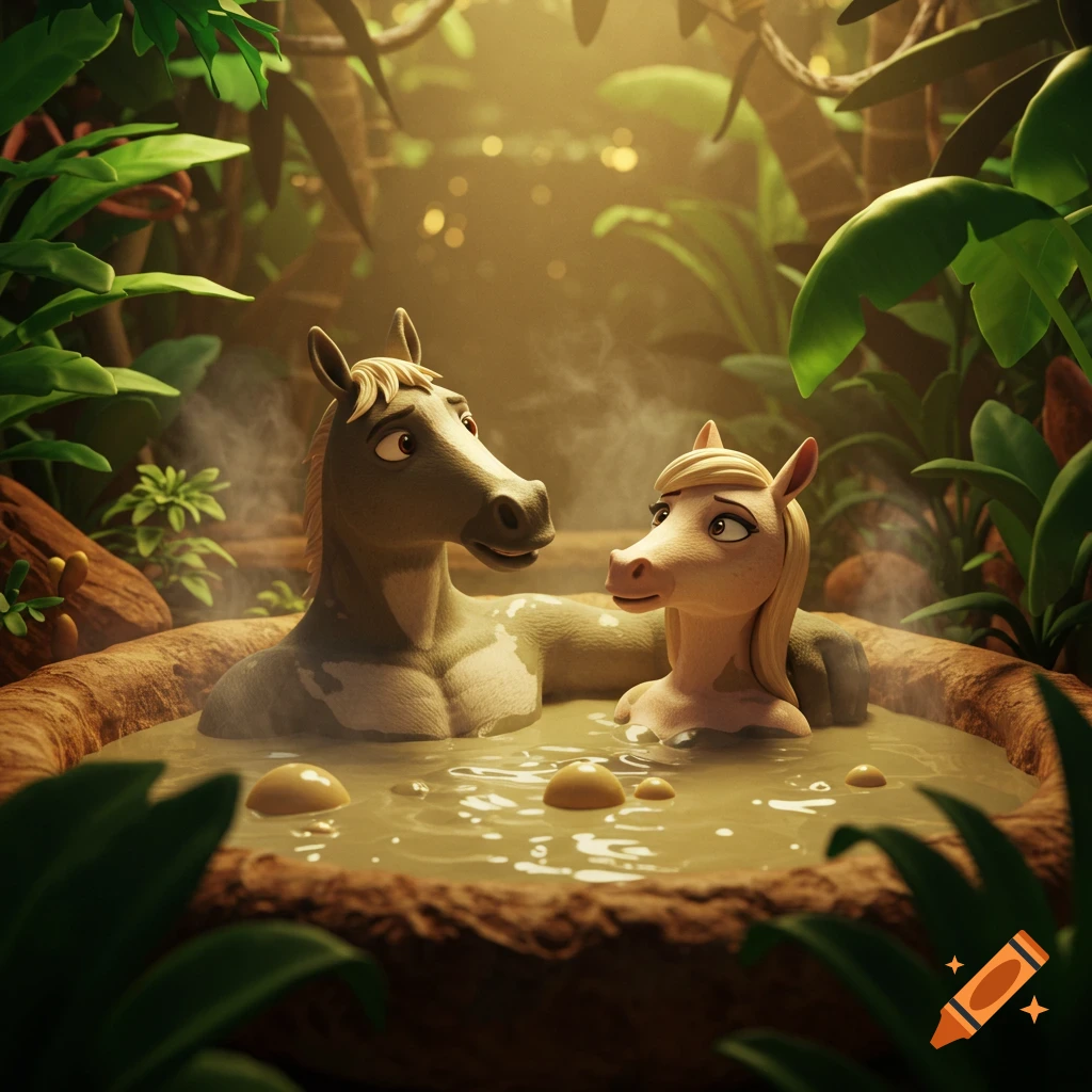 Two anthropomorphic animated horses, a male and a female, relaxing in a steamy mud hot tub in a lush jungle.