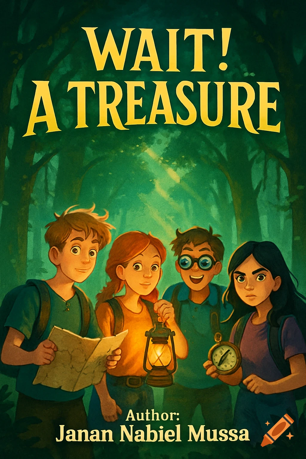 A colorful book cover showing four children in a forest, holding a map, lantern, and compass. Title reads 'WAIT! A TREASURE', with 'Author: Janan Nabiel Mussa' below. Illustrated in a vibrant, adventurous style.