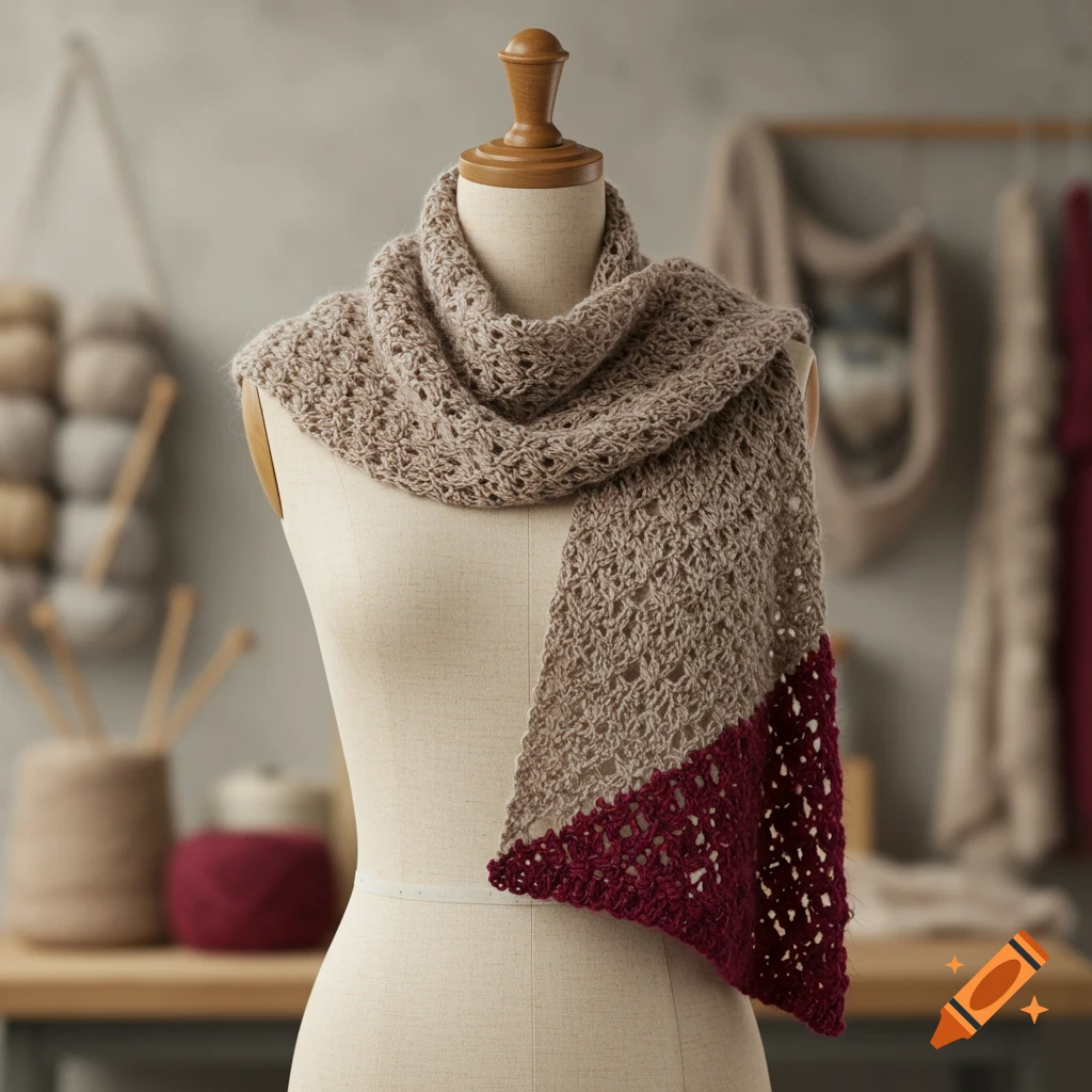 A light brown-gray crocheted scarf with a dark red tip is displayed on a mannequin.