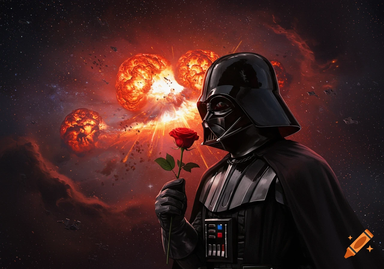 Darth Vader holds a single red rose, looking towards a fiery cosmic explosion in the vast, star-filled space.