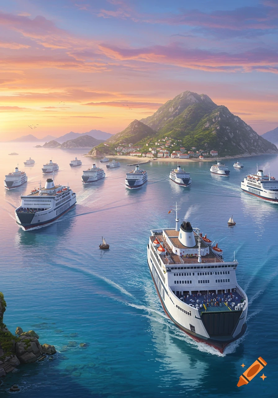 A fleet of large white passenger ferries sails in calm blue water near a lush green island at sunrise.
