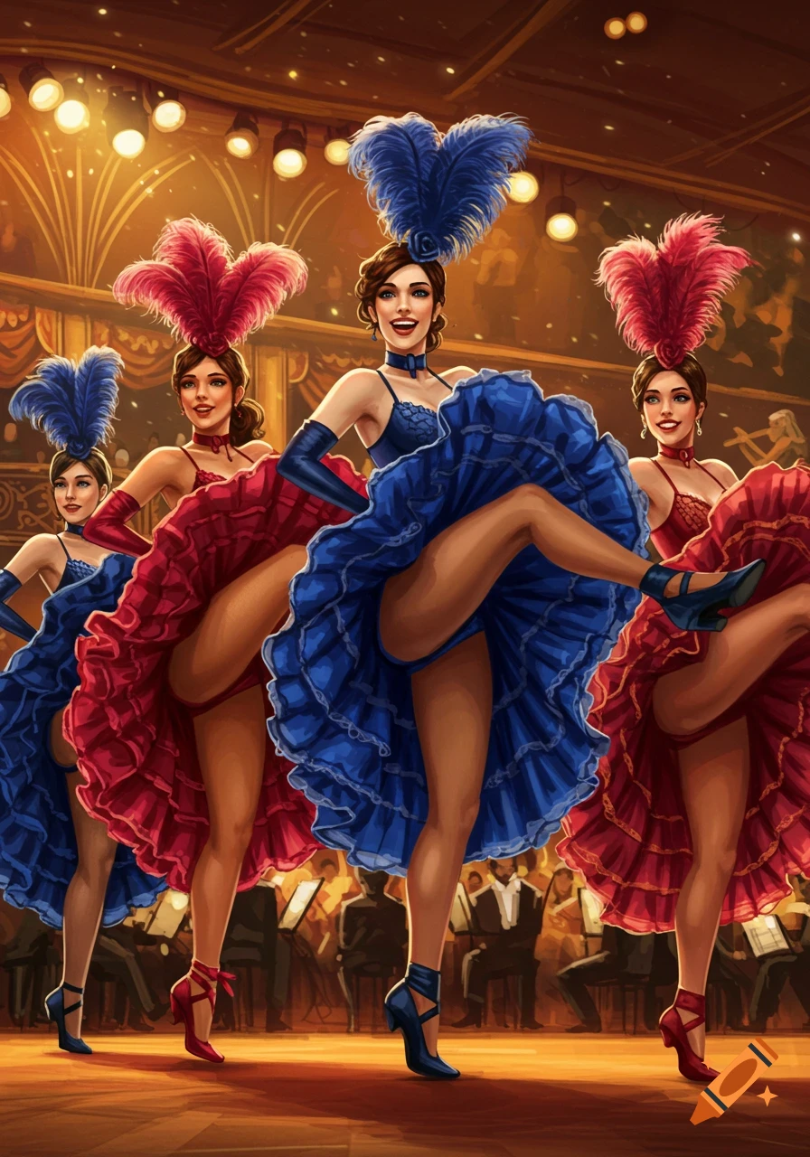 Illustrated Can-Can dancers in blue and red ruffled costumes and feathered headdresses perform high kicks on a warmly lit stage with an orchestra.