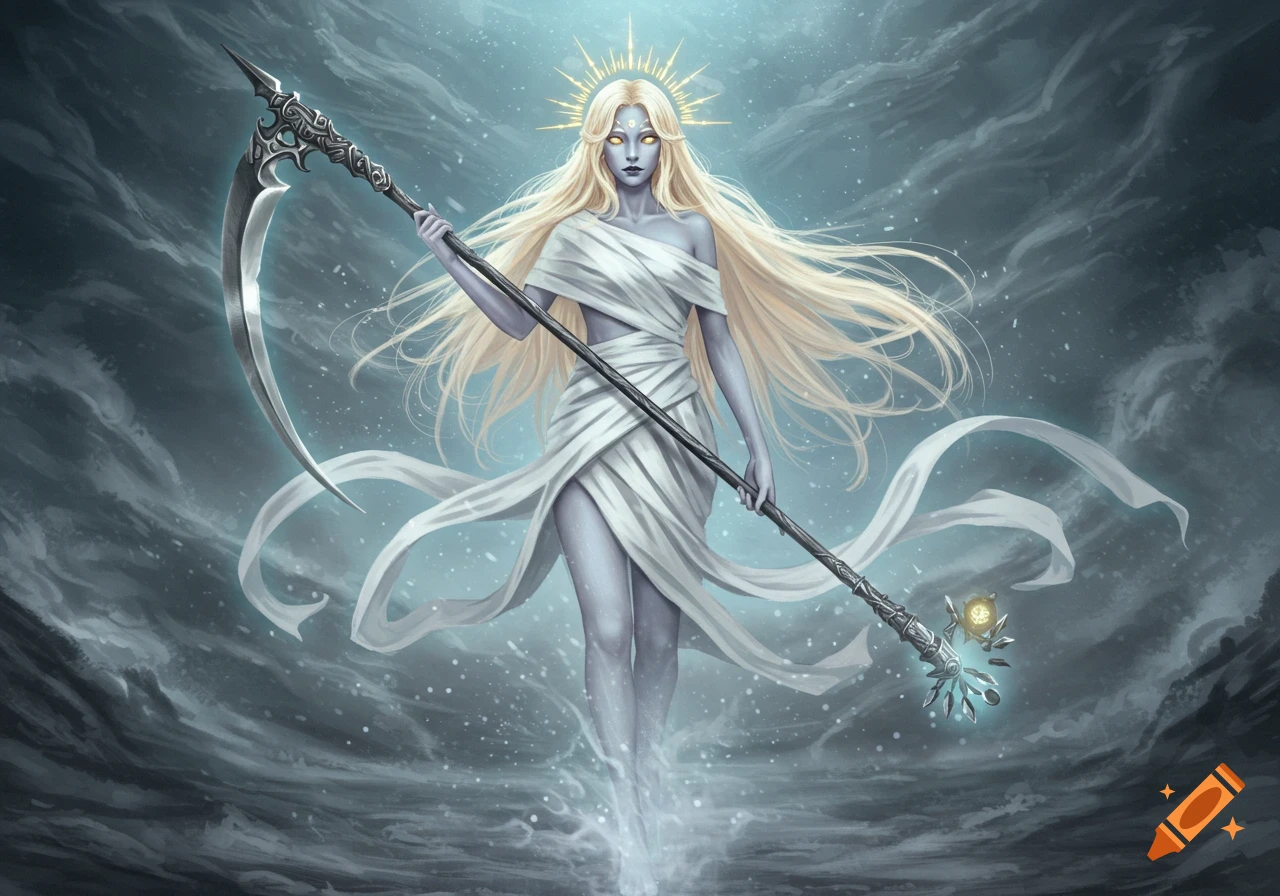 A spirit woman with pale blonde hair and skin, golden eyes, wearing white cloth, holds a large scythe in a misty, ethereal landscape.