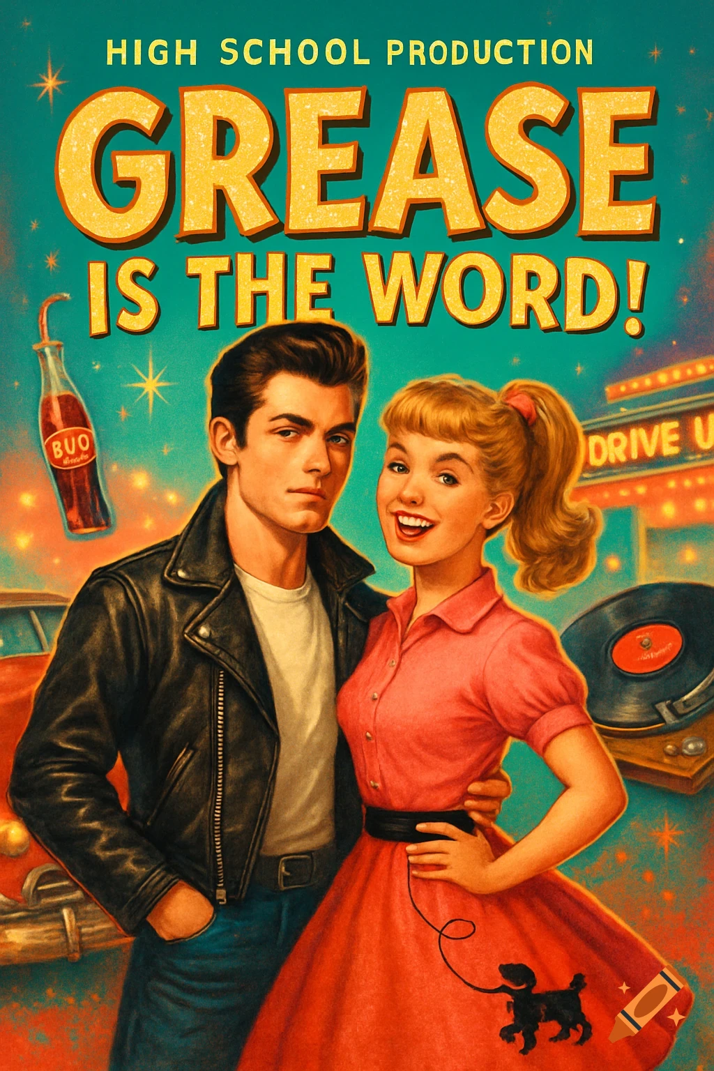 A vintage-style poster for 'Grease' featuring a greaser man and a woman in a pink dress, with text 'GREASE IS THE WORD!'.