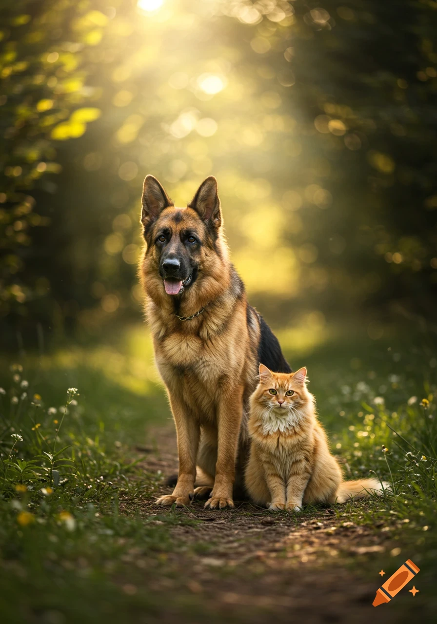 A photorealistic German Shepherd dog and an orange cat sit side-by-side on a sunlit forest path.
