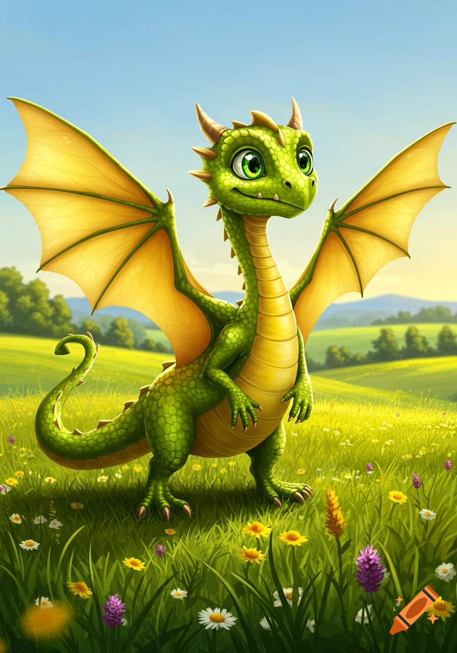 A cute, cartoonish green dragon with large yellow wings and a yellow belly stands in a vibrant green meadow with colorful wildflowers under a bright blue sky.