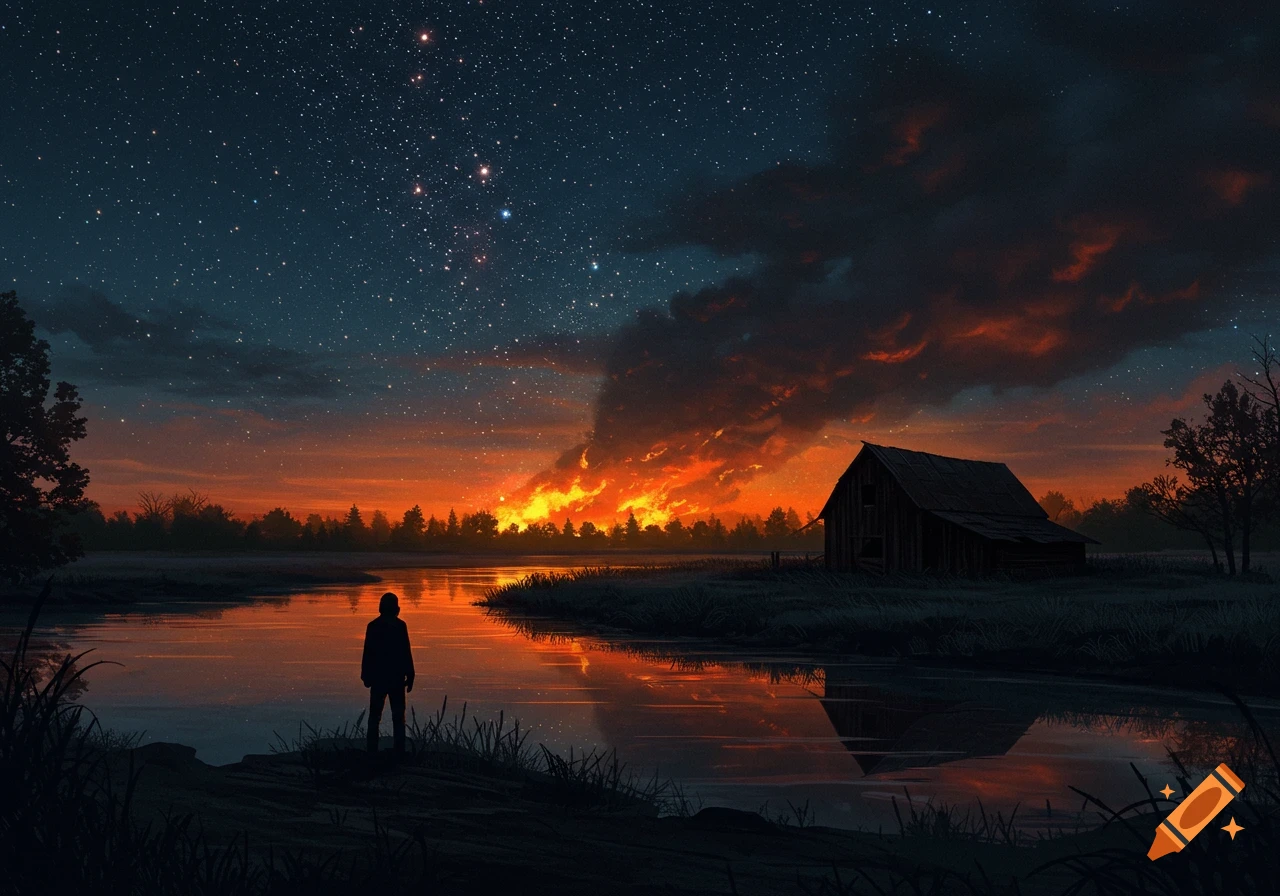 A person's silhouette by a calm river at night under a starry sky, with a burning horizon and a barn, an artistic illustration.