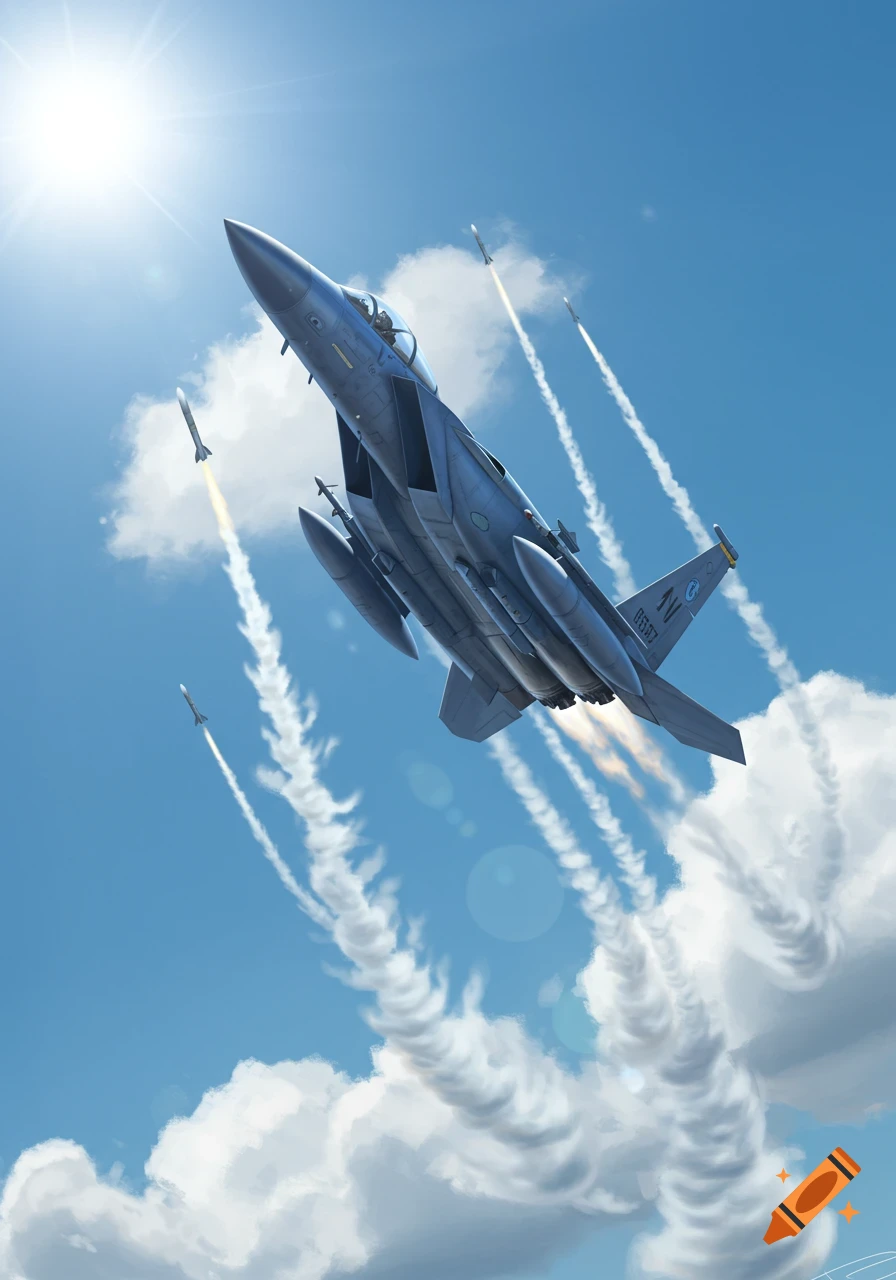 An F-15 fighter jet climbs steeply in a bright blue sky, firing several missiles with white smoke trails.