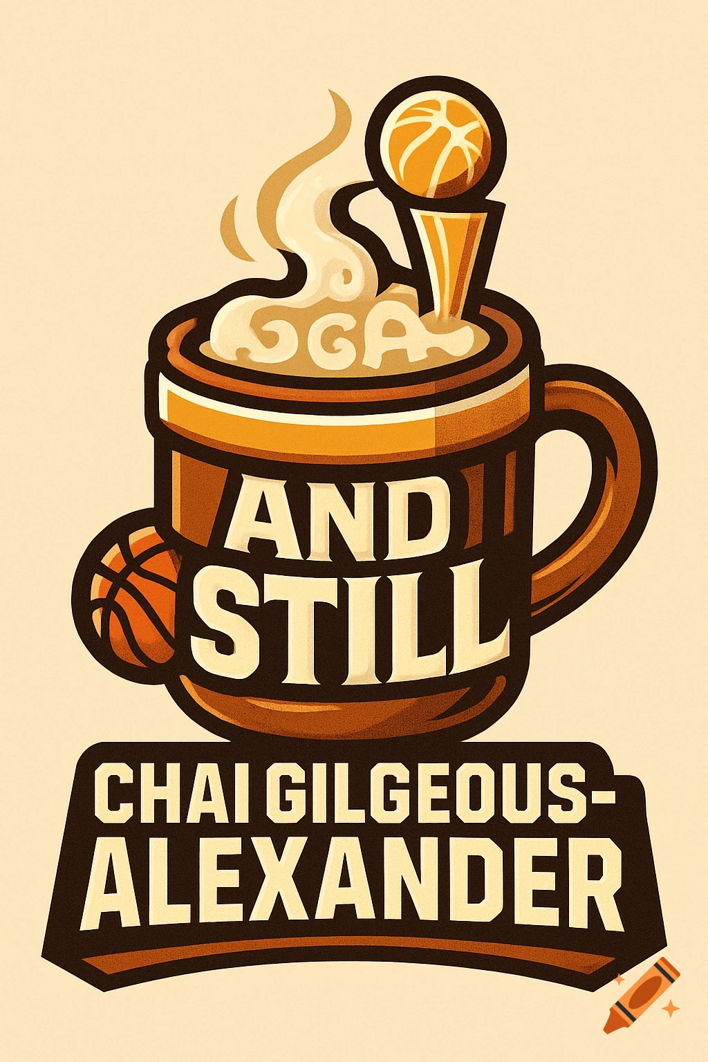 A stylized logo features a steaming mug of chai with 'AND STILL' on its side and 'CHAI GILGEOUS-ALEXANDER' below. The foam forms 'SGA', and a basketball trophy and another basketball are incorporated.
