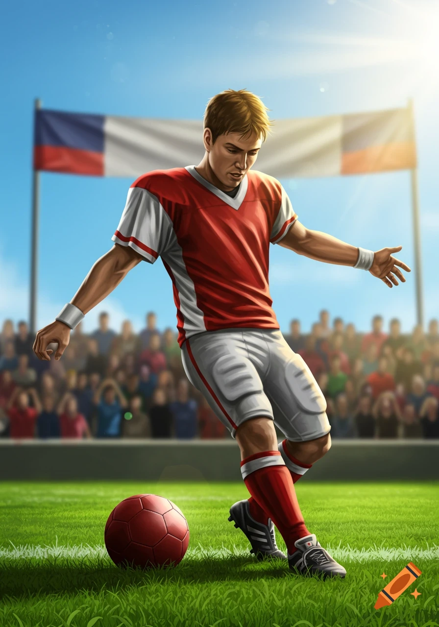 A male soccer player in a red and white uniform is about to kick a red soccer ball on a green field in a stadium, digital art style.
