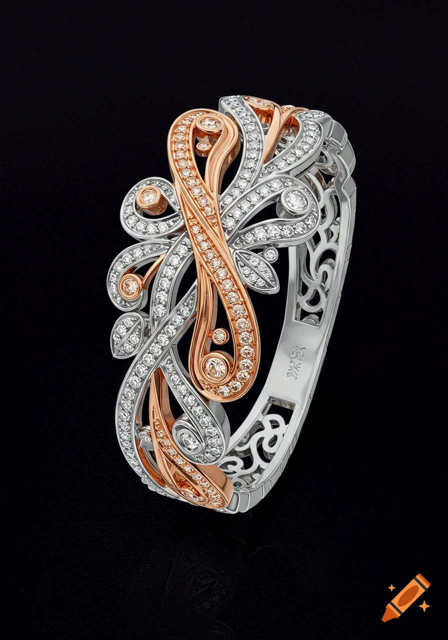A luxurious two-tone diamond bracelet with intricate scrollwork, set against a black background.