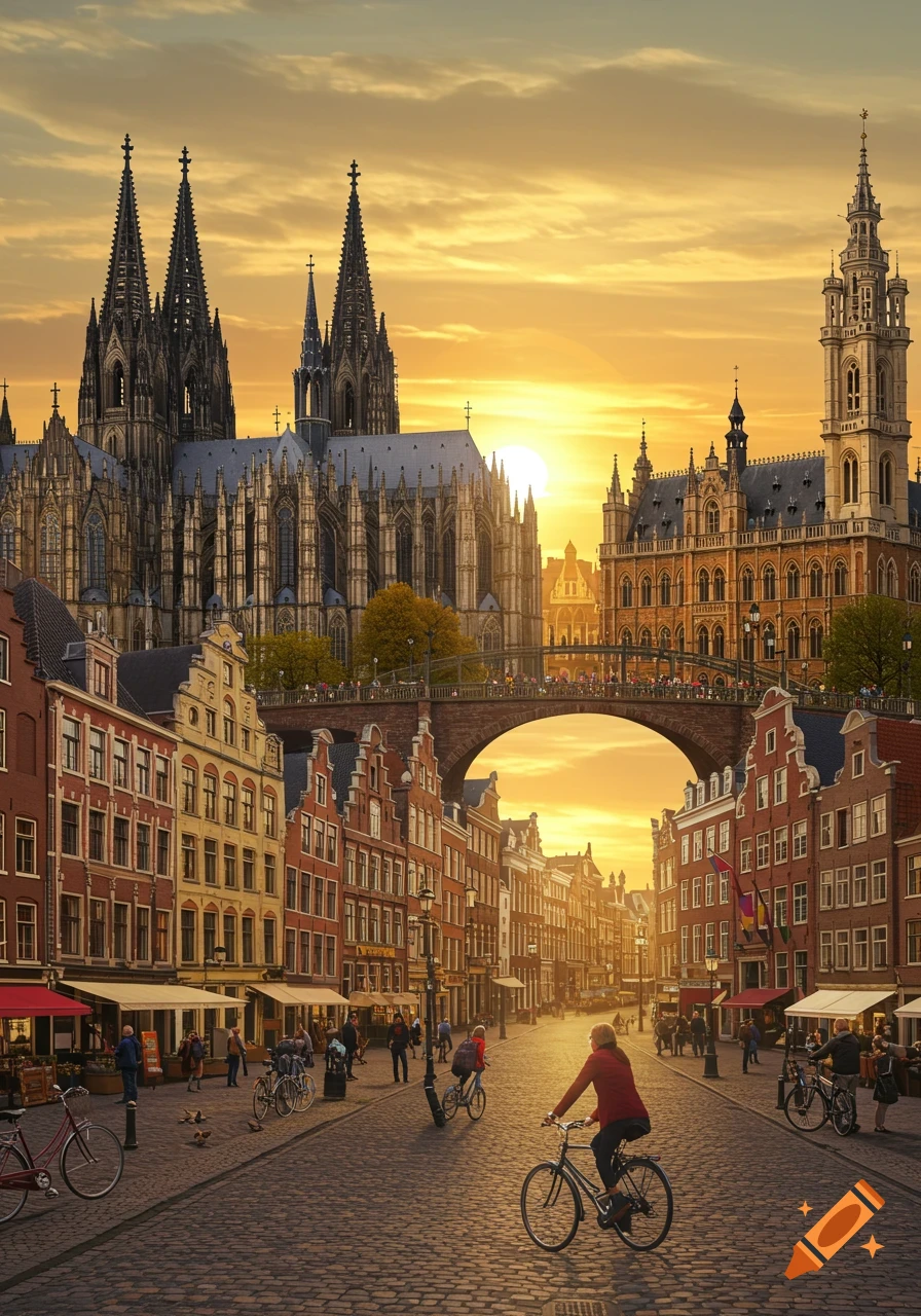 Photorealistic image of a bustling European city street at sunset, with a person cycling on cobblestones past historic buildings and a grand Gothic cathedral in the background.
