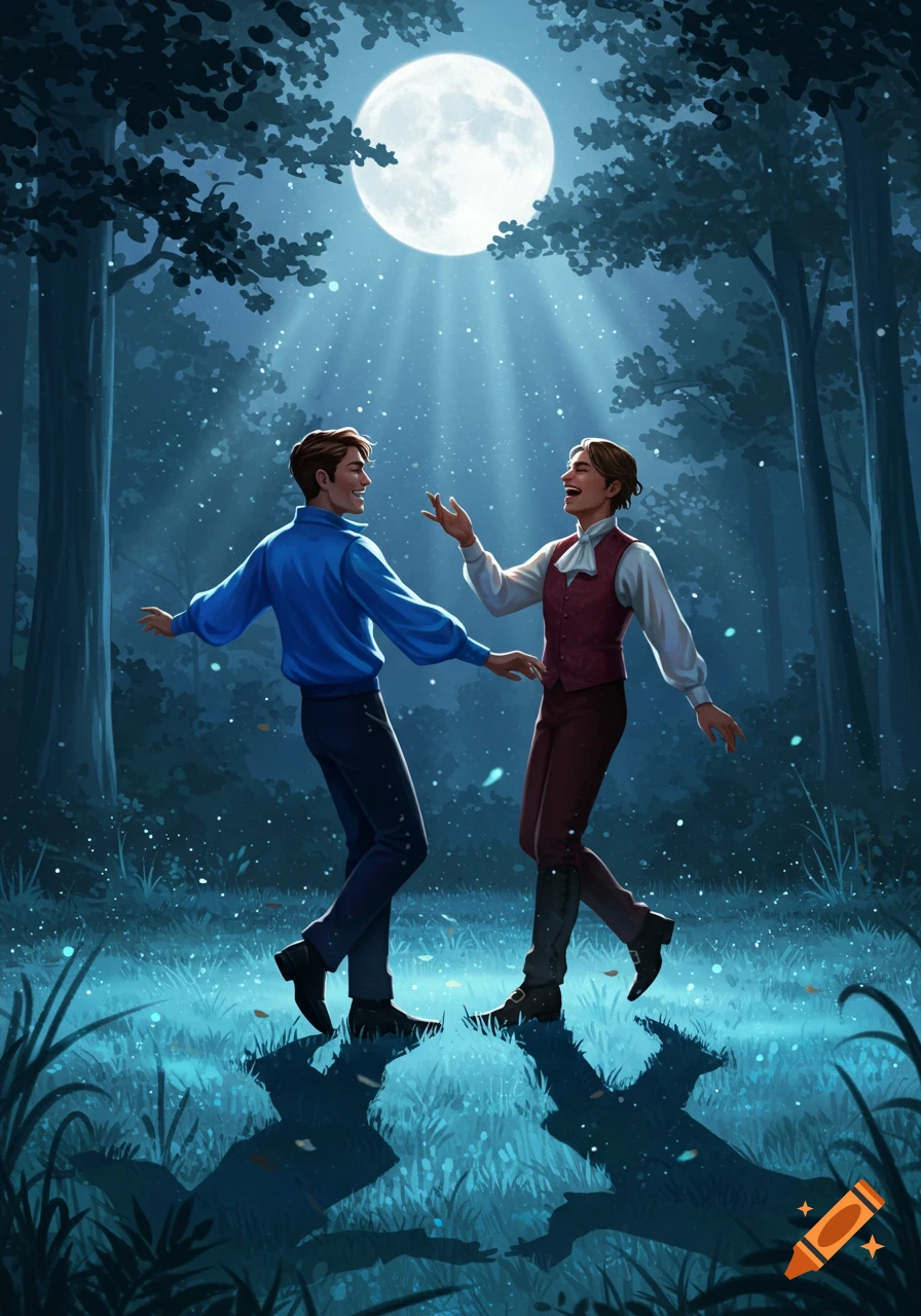 Stylized illustration of two men happily dancing in a moonlit forest at night.