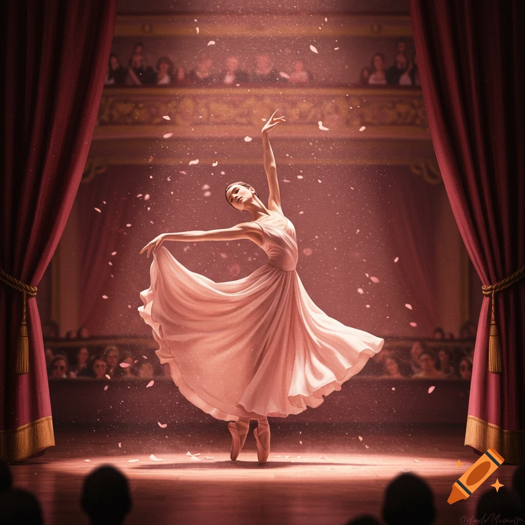 Elegant ballerina in a flowing pink dress dancing on stage under a spotlight with falling petals, red curtains in a theater.