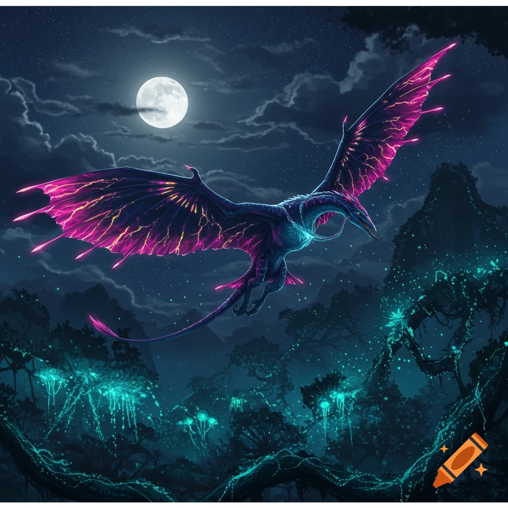 A dark blue Ikran with hot pink and yellow bioluminescent patterns flies over a glowing forest at night under a full moon.