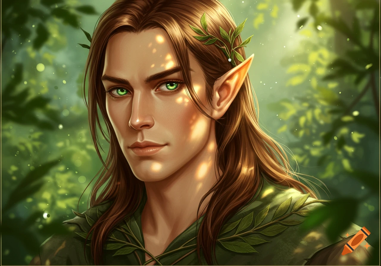 A portrait of a male elf with long brown hair, green eyes, and pointed ears, adorned with leaves, in a sun-dappled forest.