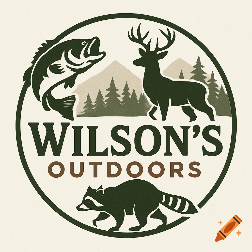 A circular logo for 'WILSON'S OUTDOORS' featuring a jumping bass, a deer, a raccoon, mountains, and pine trees.