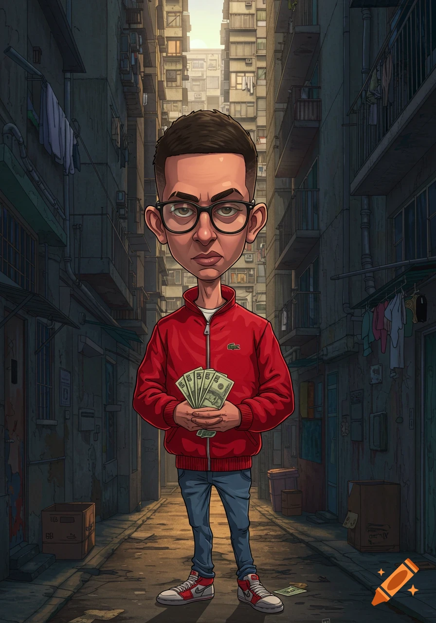 A caricature of a man with a large head and glasses, wearing a red Lacoste jacket and jeans, holding a fan of money in an urban alley with tall buildings.