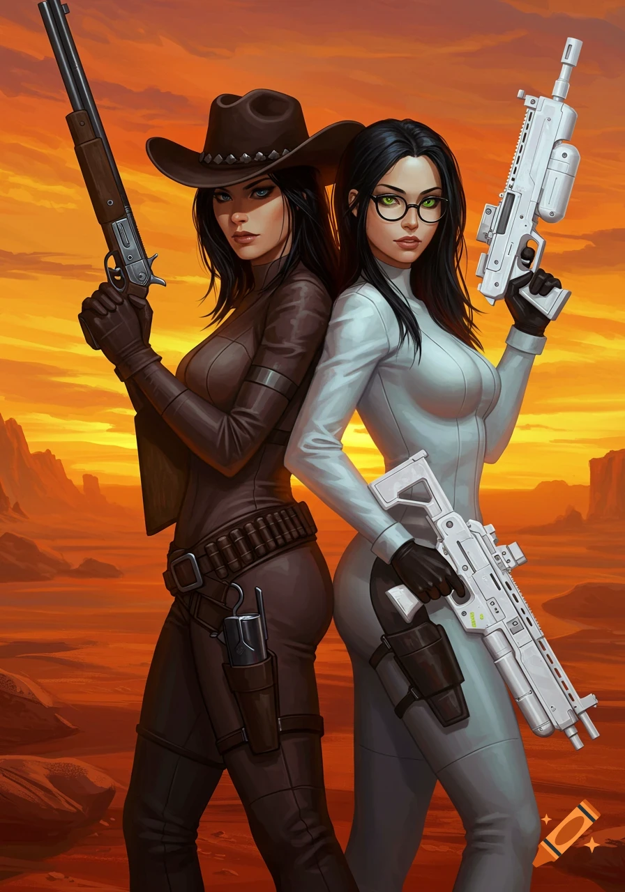 A cowgirl in a brown outfit with a lever-action rifle stands back-to-back with a scientist in a white suit holding a white laser rifle, against a desert sunset.