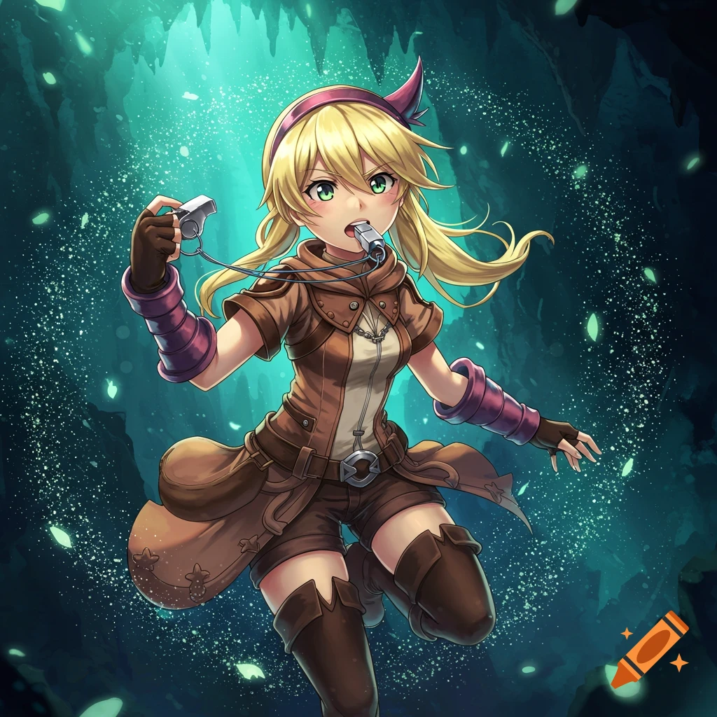 Anime girl Riko from Made in Abyss in adventurer gear, holding a white whistle and blowing another, in a teal-lit cave.