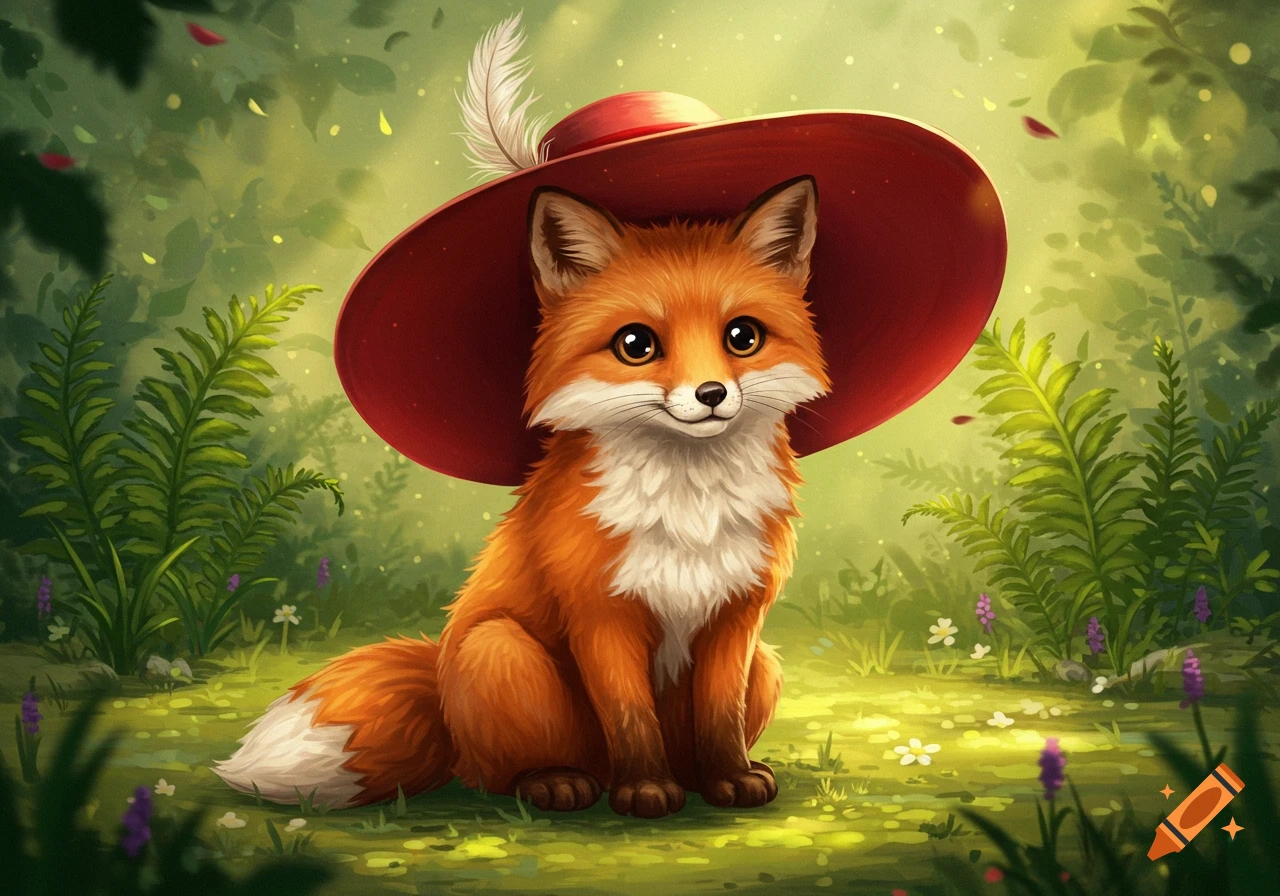 Cute orange fox with a red feathered hat sitting in a sunny, lush green forest in an illustration style.