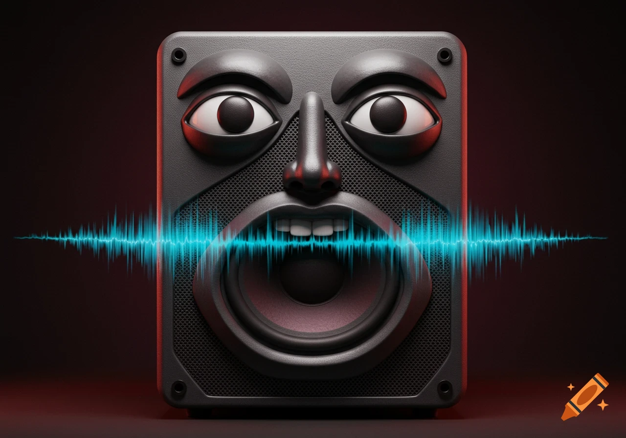A dark grey bookshelf speaker with human-like eyes, nose, and an open mouth with teeth, emitting a blue sound wave.