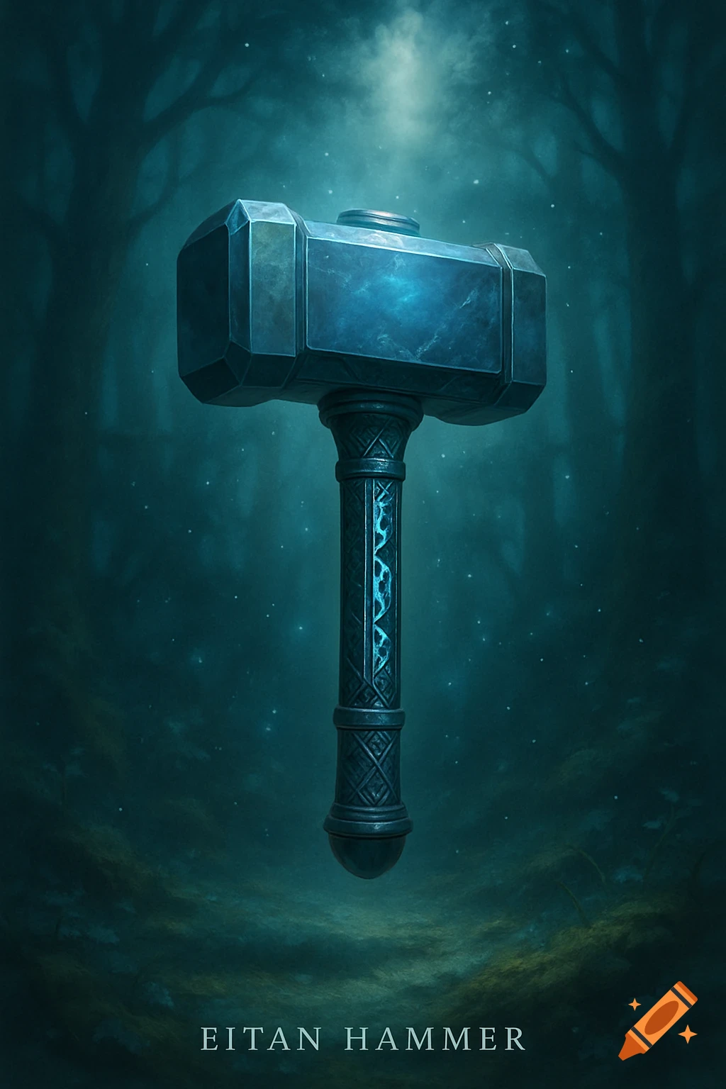 A mystical blue hammer with glowing runes stands upright in a dark, ethereal forest, with text 'Eitan Hammer' below.