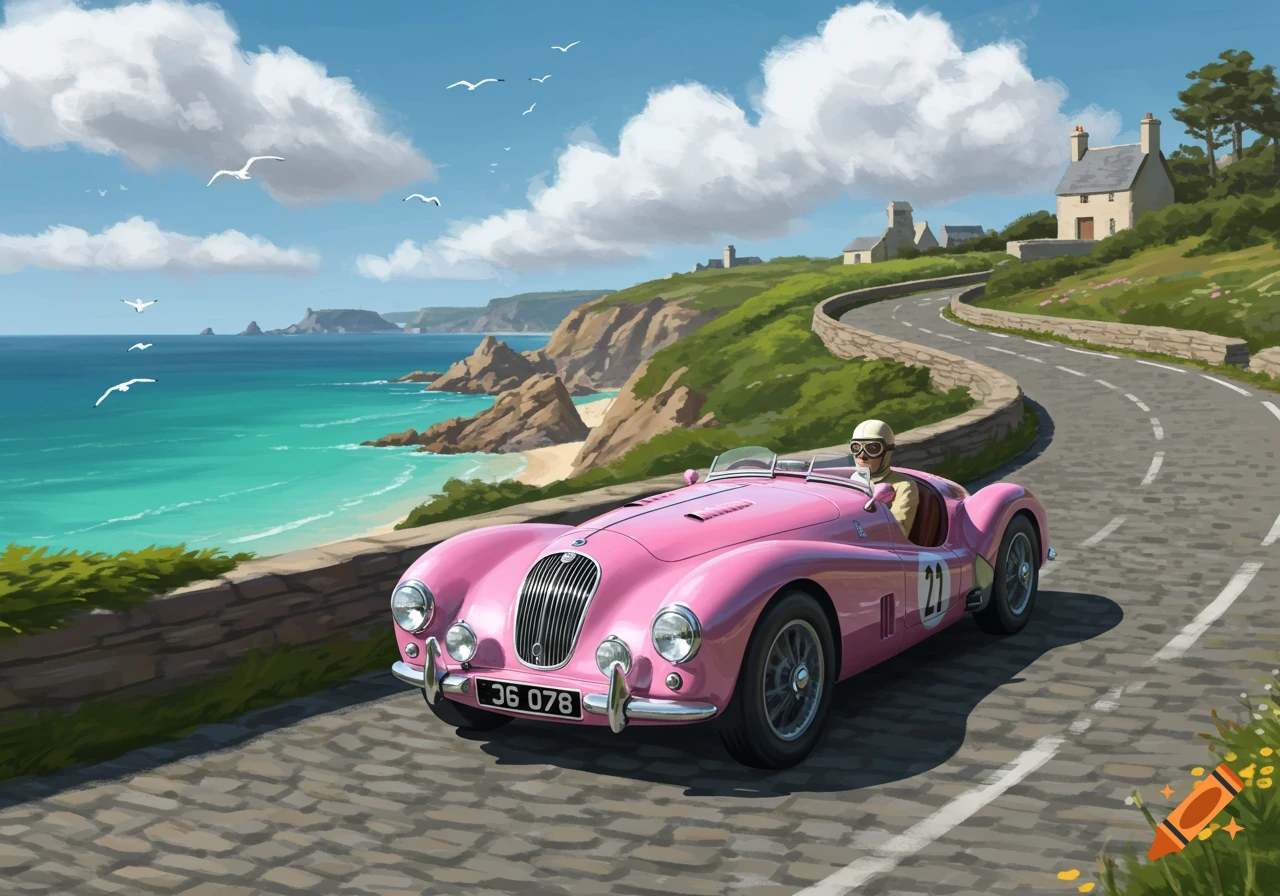 A pink vintage racing car with a driver on a winding coastal road overlooking a turquoise sea under a blue sky, in an illustrated style.