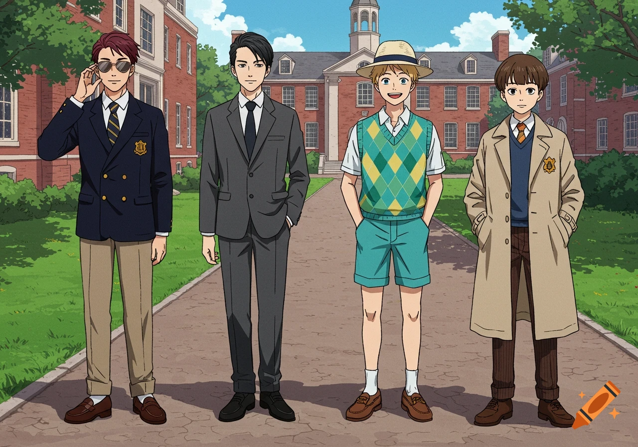 Four young men in preppy school uniforms stand outside a brick preparatory school in an anime illustration.