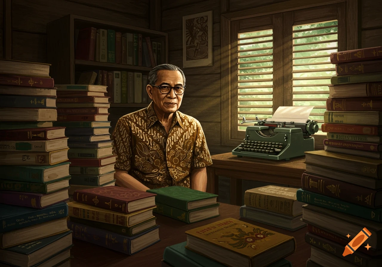 An elderly man in glasses and a patterned shirt sits amidst stacks of books and a typewriter in a sunlit wooden study.