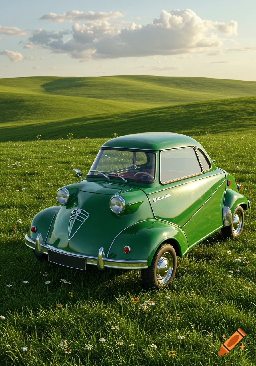 A vibrant green Messerschmitt KR175 microcar is parked in a lush, green rolling field under a partly cloudy sky, with small white flowers scattered in the grass.