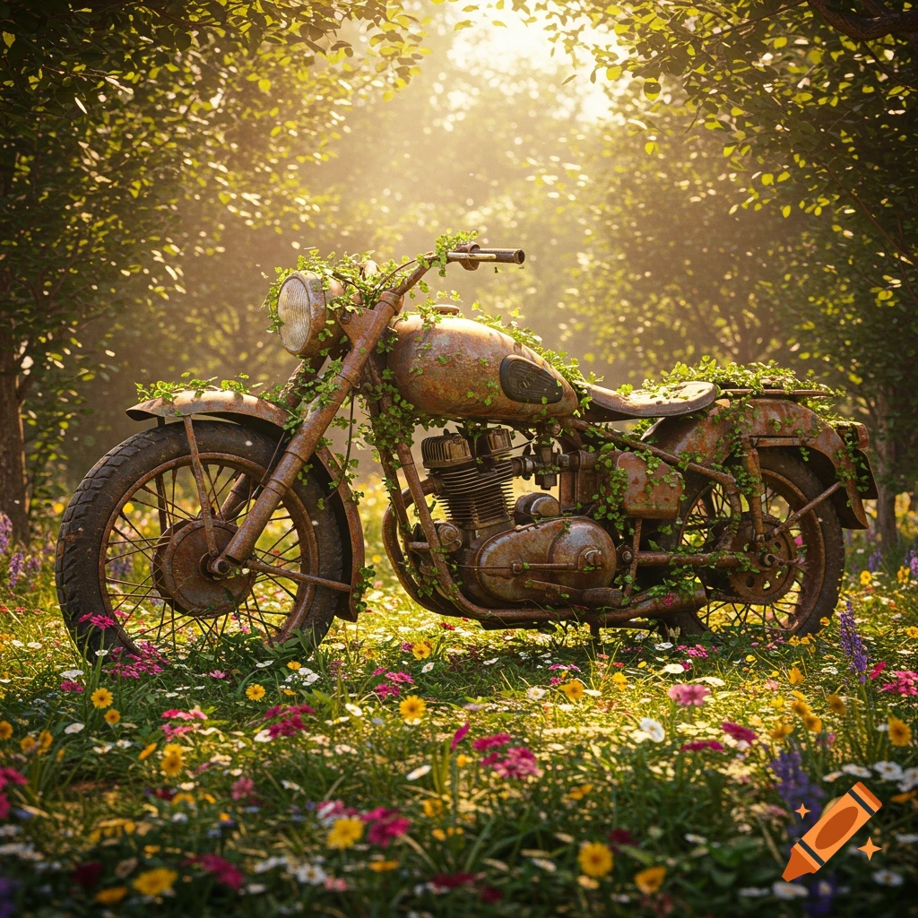 A rusty motorcycle overgrown with green vines and flowers sits in a sunlit field of wildflowers under trees, photorealistic style.
