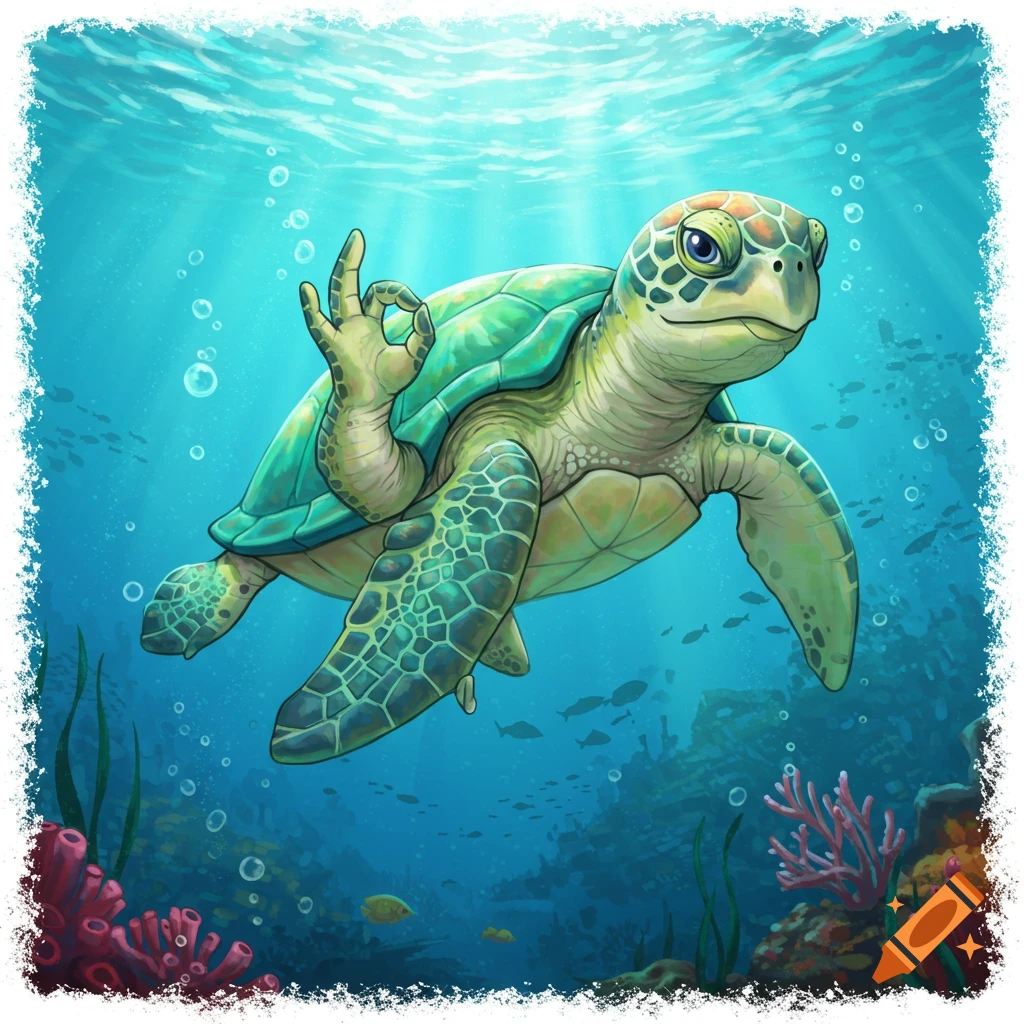 A vibrant illustration of a stylized green sea turtle swimming underwater, making an 'OK' gesture with its fin amidst coral and sunlit water.
