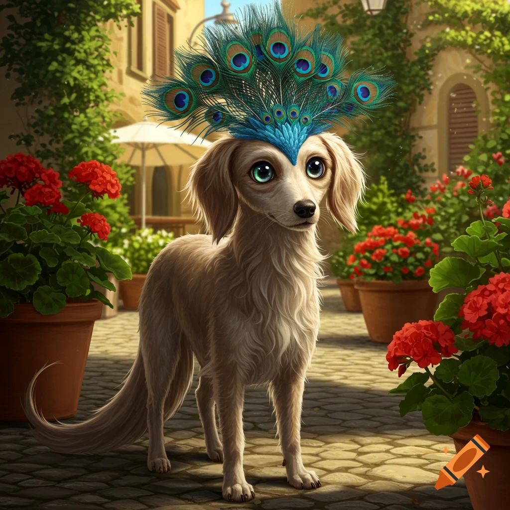 A whimsical dog with large blue eyes wears a vibrant peacock feather headdress in an Italian courtyard filled with red flowers.